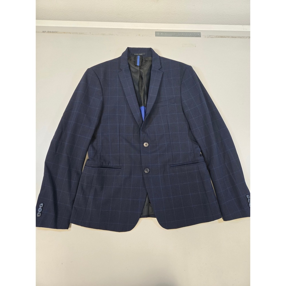 Zara Man Navy Blue Windowpane Check Blazer Jacket Size 42 Made in Portugal